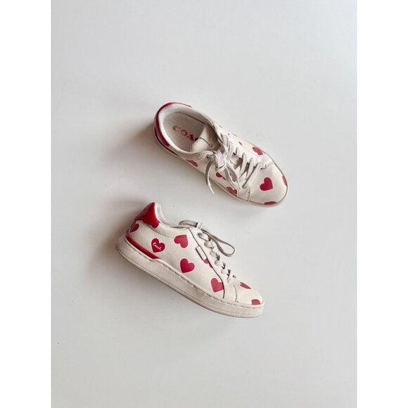 COACH Lowline Red Valentine's Day Heart Print Leather Low Top Sneakers, Size 5.5 - Picture 1 of 16